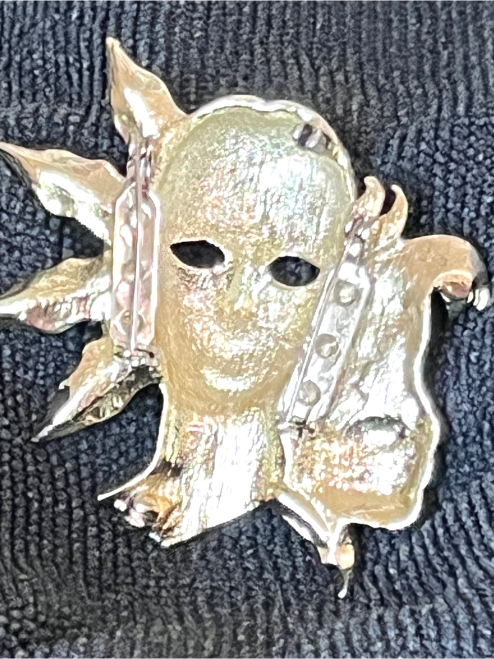Vintage Art Deco Gold Tone Dual Face Mask Brooch Pin Rhinestone - Picture 4 of 6